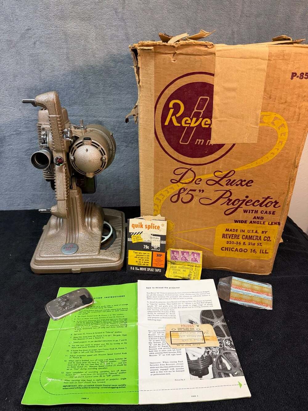 Vintage Revere De Luxe 85 8mm Movie Projector/Case original documents included